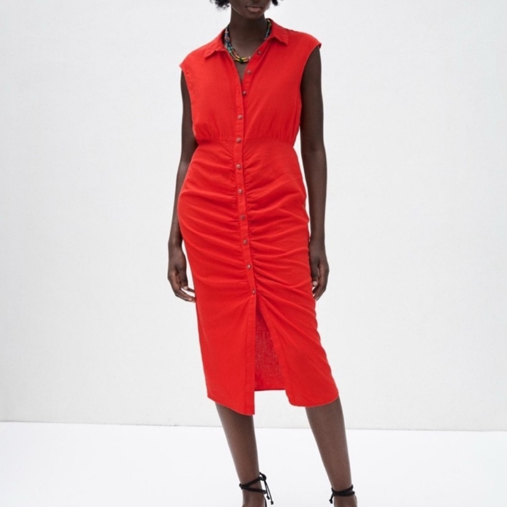 Zara red linen blend midi shirt dress button down sleeveless lagenlook L